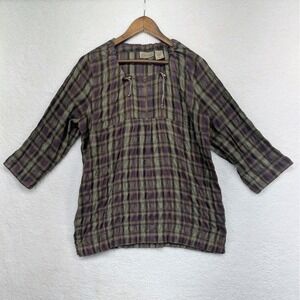 Art and Soul Boho Women's 3/4 Sleeve 1/4 Zip‎ Draw  String Plaid Tunic Top XL
